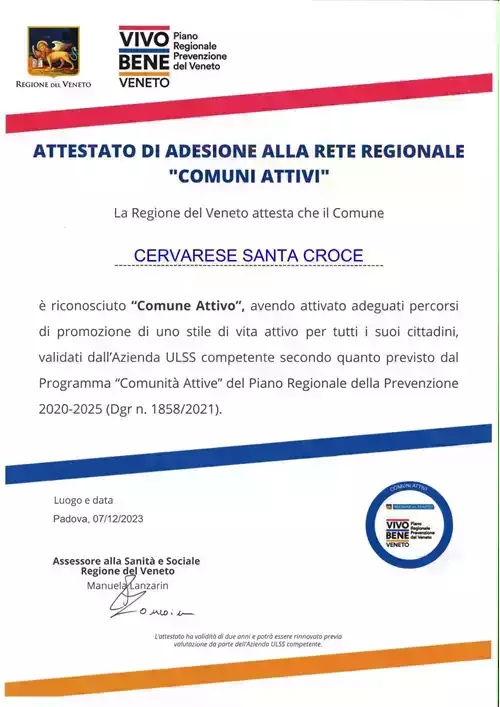 Cervarese Santa Croce riconosciuto dalla Regione Veneto come Comune attivo